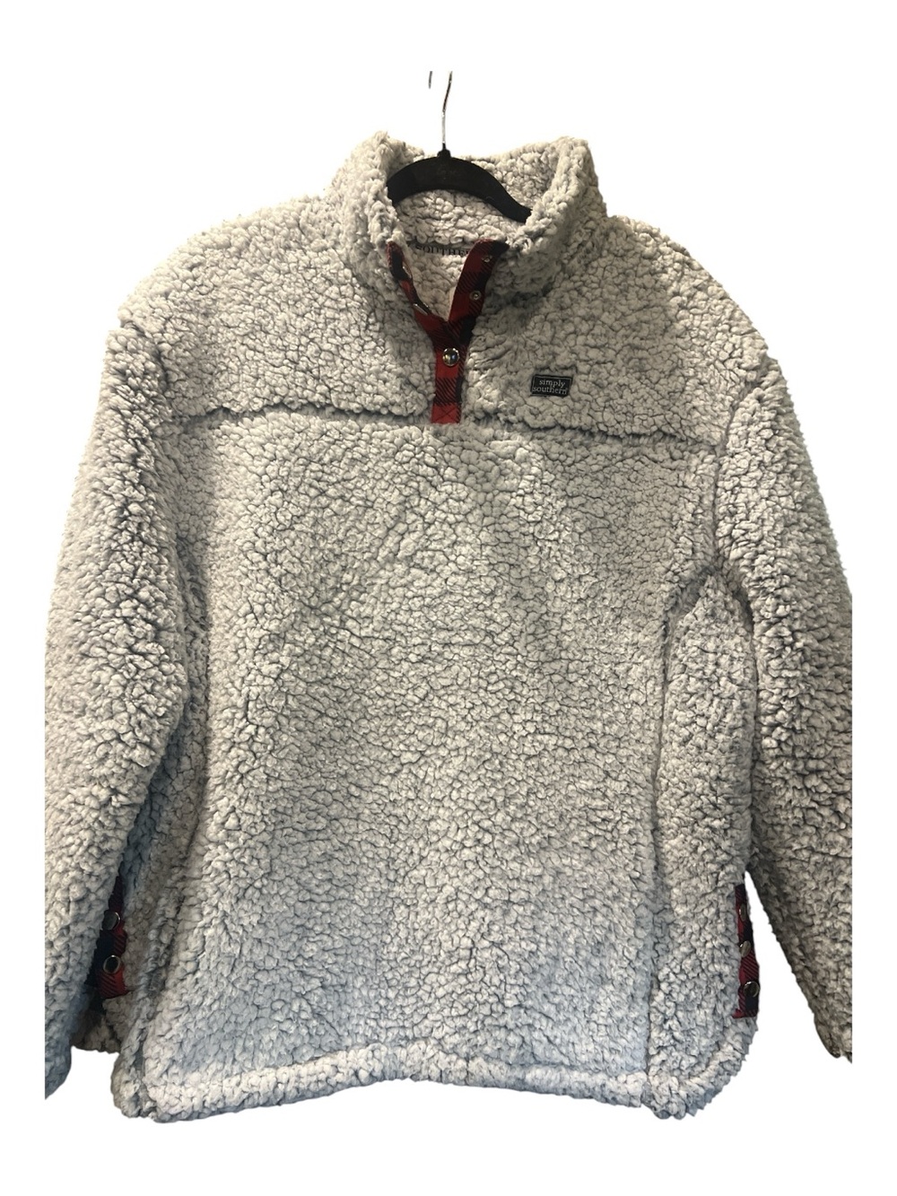 Simply Southern Sherpa Pullover with Red Plaid Accents